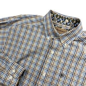 Ariat Medium Blue Brown Check Button Up Button Collar Flip Cuff Mens‎ Shirt